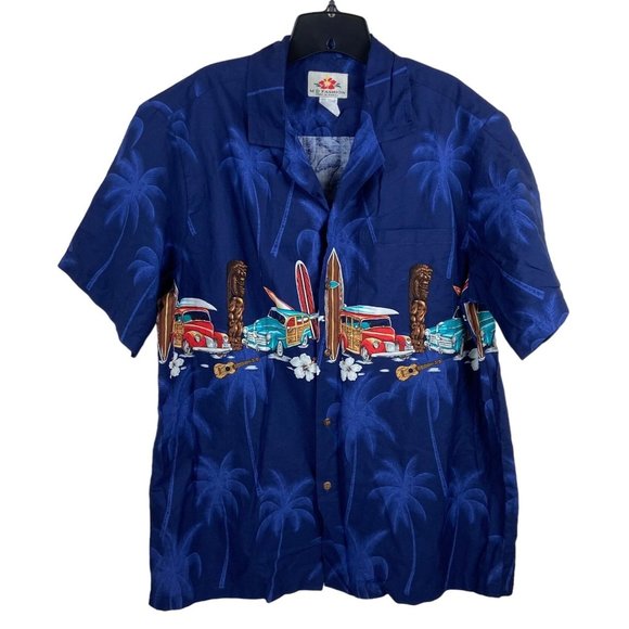 M D Fashion Hawaiian Shirt Vintage Large Button-Up Tikis Woodys Surfboards - Picture 1 of 3